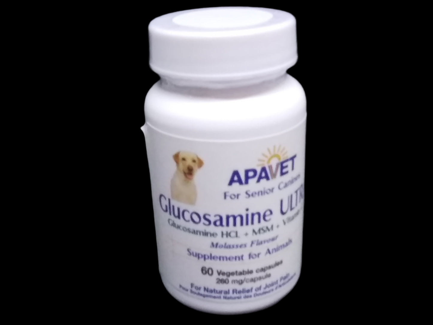 Bottle of 60 capsules of ApaVet Glucosamine Ultra with a puppy on the bottle
