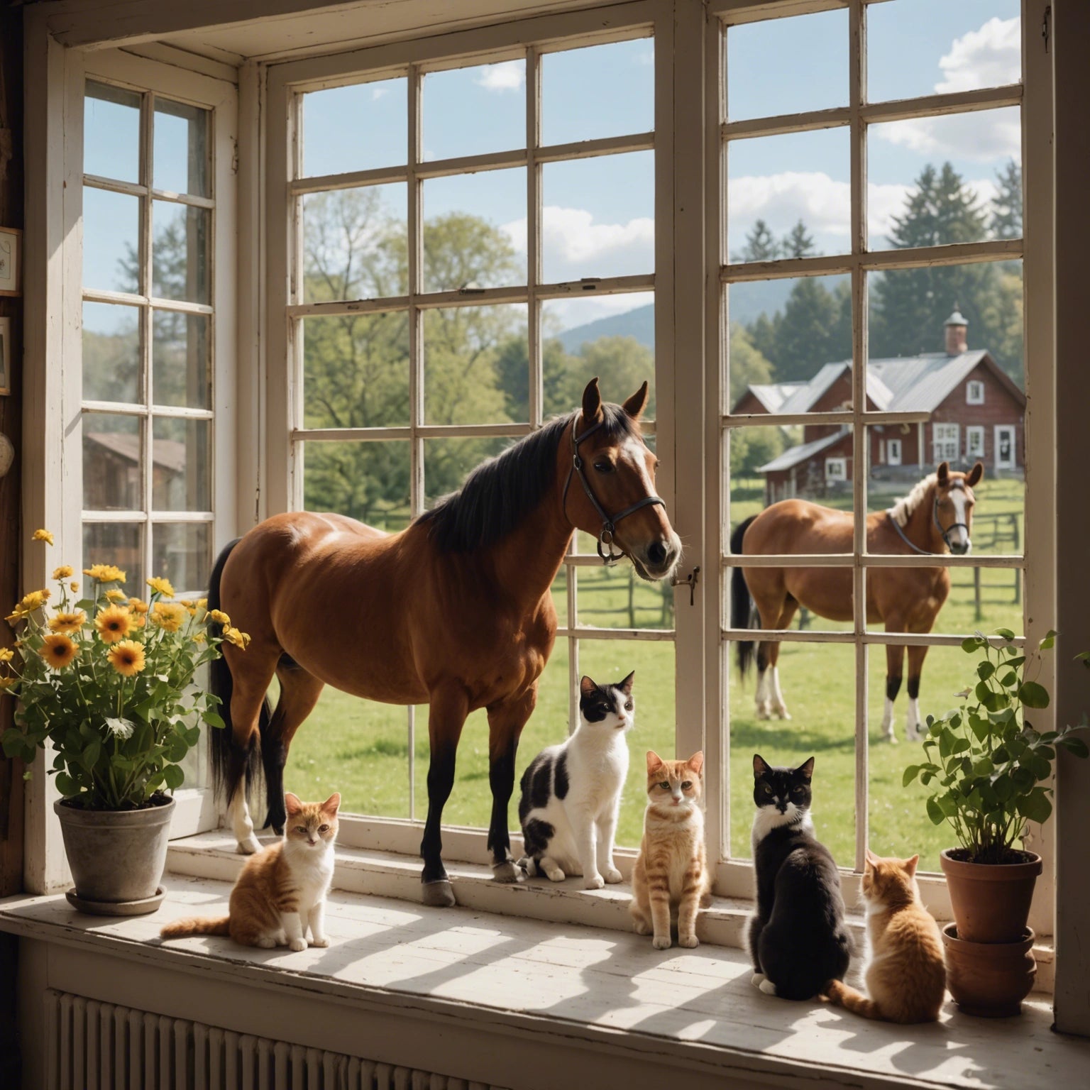 A bunch of animals and a horse on the window ledge